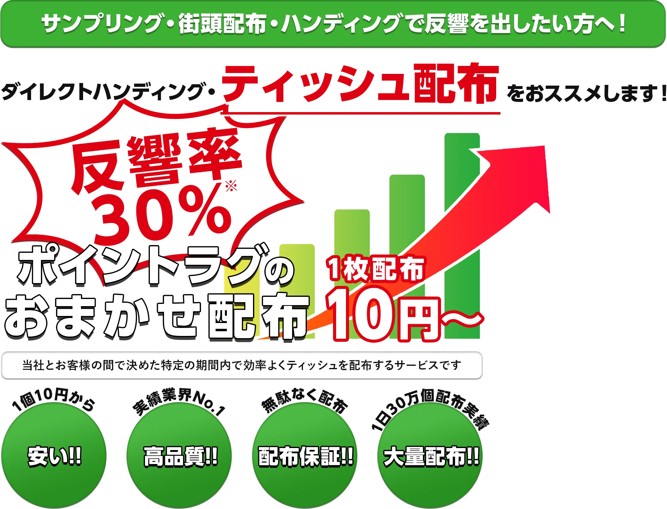 サンプリング・街頭配布・ハンディングで反響を出したい方へ！ダイレクトハンディング・ティッシュ配布をおススメします！反響率◎ ポイントラグのおまかせ配布
